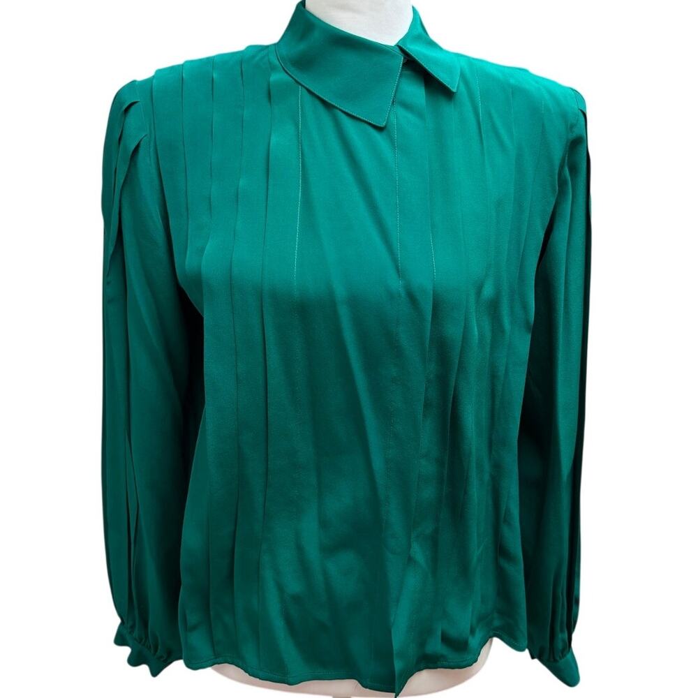 Carlisle Silk Womens Emerald Green Pleated Long Sleeve Blouse Size 6